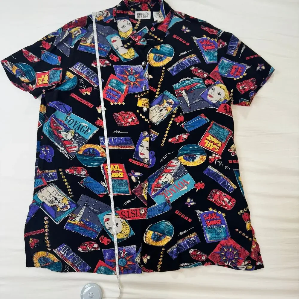 Chico's VTG Pop Art Graphic Camp Shirt Womens 2 Large Art To Wear Maximalist 90s - Picture 5 of 14